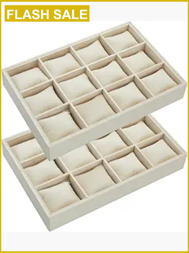 12 Grid Velvet Watch Tray Organizer Stackable Bracelet Display Holder Set Of 2